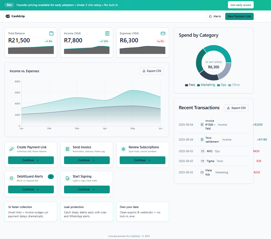 CashGrip dashboard preview showing payment links, invoices, subscriptions, debit orders, and electronic signatures
